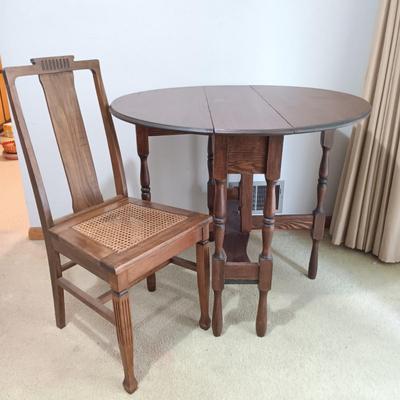 LOT 1: Vintage Drop-Leaf Round Table with Cane Seat Chair