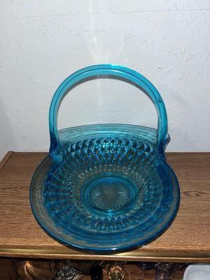 Sale Photo Thumbnail #1: Large turquoise glass basket - see pics for measurements