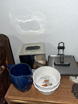 Sale Photo Thumbnail #78: Bowls, plastic plates, glass dessert plates, napkin holder, tissue holder, metal wall hook and mug