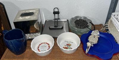 Sale Photo Thumbnail #76: Bowls, plastic plates, glass dessert plates, napkin holder, tissue holder, metal wall hook and mug