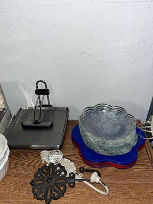 Sale Photo Thumbnail #77: Bowls, plastic plates, glass dessert plates, napkin holder, tissue holder, metal wall hook and mug