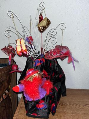 Sale Photo Thumbnail #88: Ornament tree and bag full of Red Hat lady ornaments and décor