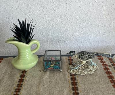 Sale Photo Thumbnail #126: Small pottery, bird figurine, glass box with gemstones
