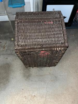 Sale Photo Thumbnail #144: Wicker basket with attached lid and miscellaneous items included