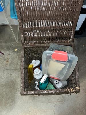 Sale Photo Thumbnail #145: Wicker basket with attached lid and miscellaneous items included