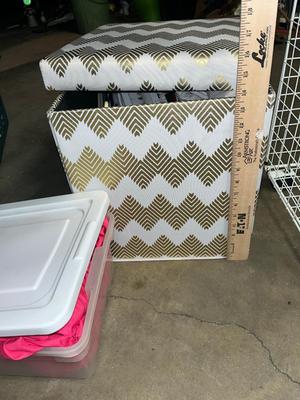 Sale Photo Thumbnail #164: Metal laundry basket on wheels, storage ottoman with hangers, 2 sets of twin sheets and more