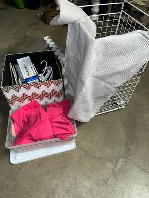 Sale Photo Thumbnail #162: Metal laundry basket on wheels, storage ottoman with hangers, 2 sets of twin sheets and more