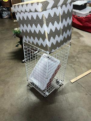 Sale Photo Thumbnail #165: Metal laundry basket on wheels, storage ottoman with hangers, 2 sets of twin sheets and more
