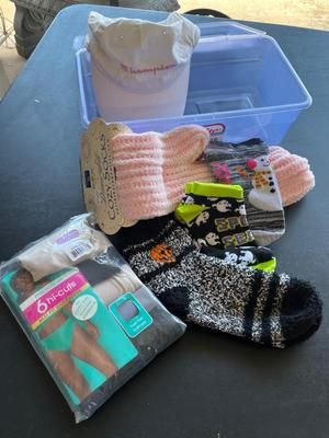 Sale Photo Thumbnail #215: Misc accessories including holiday socks, package of underwear, ballcap with plastic box
