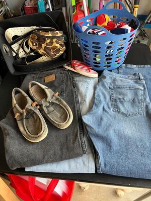 Sale Photo Thumbnail #245: Men's jeans included 7 for all Mankind and others, shoes, tote full of belts and suspenders, basket full of socks