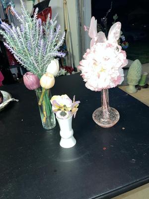 Sale Photo Thumbnail #483: 3 small vases with porcelain and artificial flowers and butterfly stakes