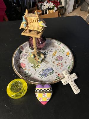 Sale Photo Thumbnail #485: Vintage metal round tray with some cool misc décor - see pics for details