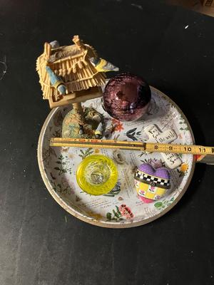 Sale Photo Thumbnail #486: Vintage metal round tray with some cool misc décor - see pics for details