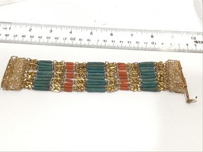 Vintage Egyptian Revival Faience Stone Type Bead Bracelet Filagree