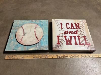 Sale Photo Thumbnail #692: Metal sign and wood sign with baseballs