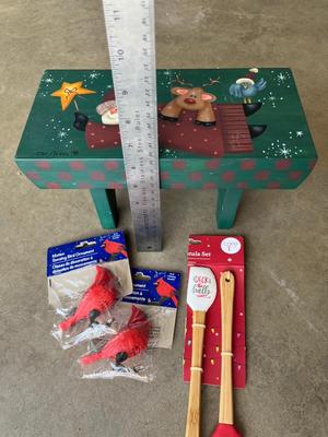 Sale Photo Thumbnail #706: Small wood bench, singing Cardinal ornaments and spatulas