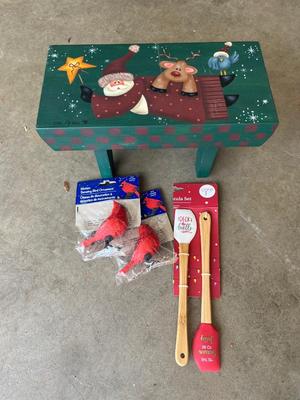 Sale Photo Thumbnail #704: Small wood bench, singing Cardinal ornaments and spatulas