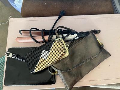 Sale Photo Thumbnail #713: Clutch crossbody handbag, makeup bag wristlet, vintage cigarette case and hair flat iron