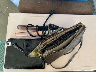 Sale Photo Thumbnail #712: Clutch crossbody handbag, makeup bag wristlet, vintage cigarette case and hair flat iron