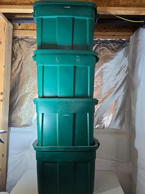 Lot of 4 Large Heavy-Duty Green Storage Totes – Stackable Plastic Bins