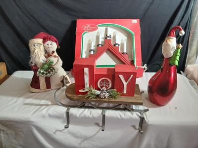 Lot of Holiday Decor – Santas, JOY Sled Display, Red Candle Arch Light