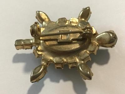 Vintage Green Rhinestone Pearl Turtle Brooch
