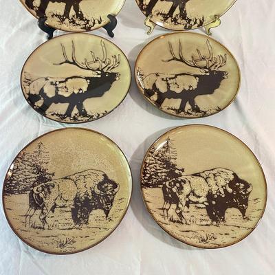 Elk & Bison Dinner Plates w/ Buffalo Plaid Salad Plates & Shakers (LR-SS)