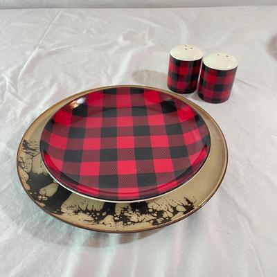 Elk & Bison Dinner Plates w/ Buffalo Plaid Salad Plates & Shakers (LR-SS)