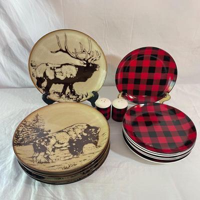 Elk & Bison Dinner Plates w/ Buffalo Plaid Salad Plates & Shakers (LR-SS)