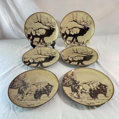 Elk & Bison Dinner Plates w/ Buffalo Plaid Salad Plates & Shakers (LR-SS)