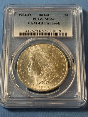 PCGS CERTIFIED 1904-O MS62 $1 VAM 4B "Fishhook" Hit List MORGAN SILVER DOLLAR AS PICTURED.