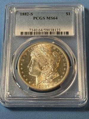 PCGS CERTIFIED 1882-S MS64 GRADED MORGAN SILVER DOLLAR AS PICTURED. (COIN #8123).