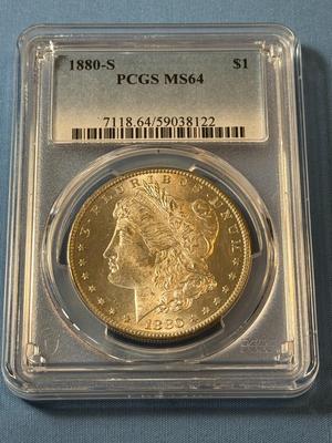 PCGS CERTIFIED 1880-S MS64 GRADED MORGAN SILVER DOLLAR AS PICTURED. (COIN #8122).