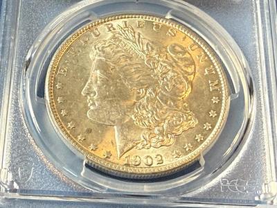 PCGS CERTIFIED 1902-O MS61 GRADED MORGAN SILVER DOLLAR AS PICTURED. (FILLED 2 IN BASE OF DATE). (COIN #8121).