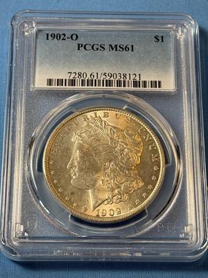 PCGS CERTIFIED 1902-O MS61 GRADED MORGAN SILVER DOLLAR AS PICTURED. (FILLED 2 IN BASE OF DATE). (COIN #8121).