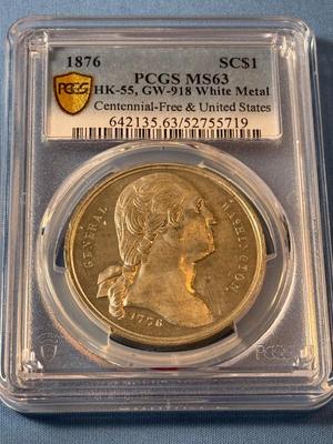 POPULATION 2 NONE GRADED HIGHER PCGS CERTIFIED SO-CALLED $1 1876 MS63 HK-55, GW-918 WHITE METAL CENTENNIAL FREE & UNITED STATES MEDAL.