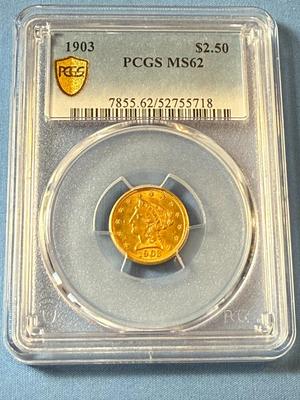 PCGS CERTIFIED 1903 MS62 GRADED $2.50 LIBERTY GOLD COIN AS PICTURED.