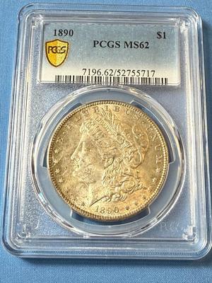 PCGS CERTIFIED 1890 MS62 TONED MORGAN SILVER DOLLAR AS PICTURED.