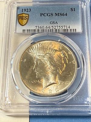 PCGS CERTIFIED 1923 MS64 $1 Silver Peace Dollar GSA Softpack Envelope & CoA Included as Pictured.