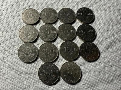 LOT OF (14) CANADA 1930'S FIVE CENT COINS NICE CIRCULATED CONDITIONS AS PICTURED.