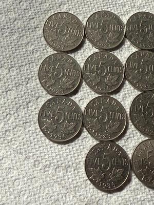 LOT OF (14) CANADA 1930'S FIVE CENT COINS NICE CIRCULATED CONDITIONS AS PICTURED.
