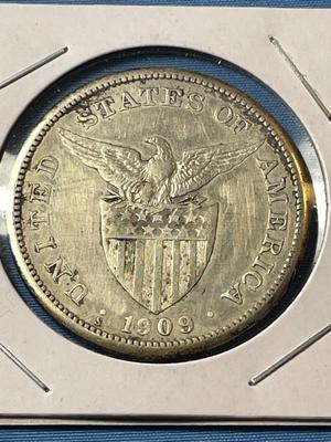 PHILIPPINES 1909-S VERY FINE CONDITION HEAVILY CLEANED PESO SILVER COIN AS PICTURED.