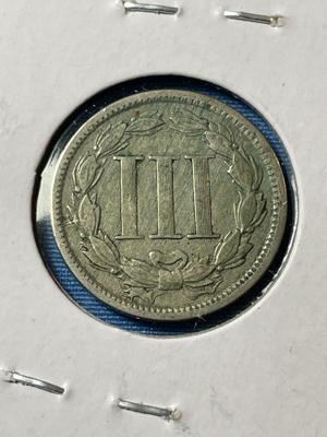 1865 CIRCULATED CONDITION THREE CENT NICKEL TYPE COIN AS PICTURED.