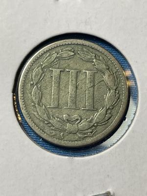 1866 CIRCULATED CONDITION THREE CENT NICKEL TYPE COIN AS PICTURED.
