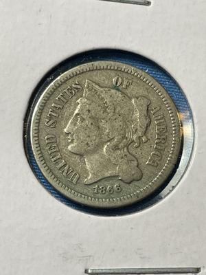 1866 CIRCULATED CONDITION THREE CENT NICKEL TYPE COIN AS PICTURED.