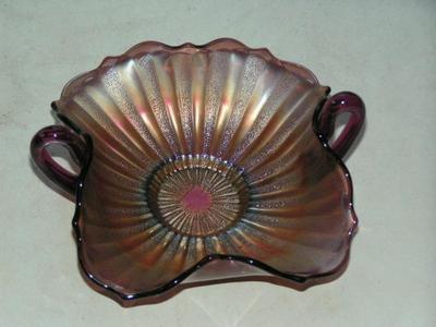 Fenton “Stippled Rays” Iridescent Amethyst Carnival Glass candy dish