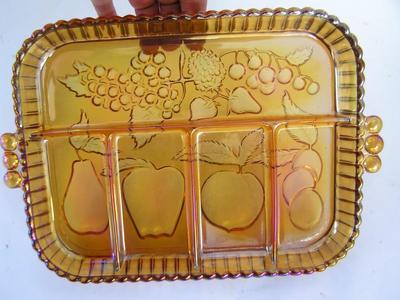 Indiana carnival iridescent amber glass divided relish tray from 70s?