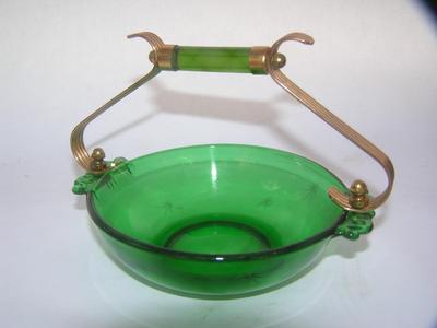 Vintage Paden City Emerald Glo green glass basket w/gold-tone handle