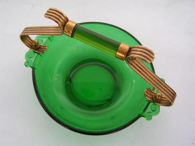 Vintage Paden City Emerald Glo green glass basket w/gold-tone handle
