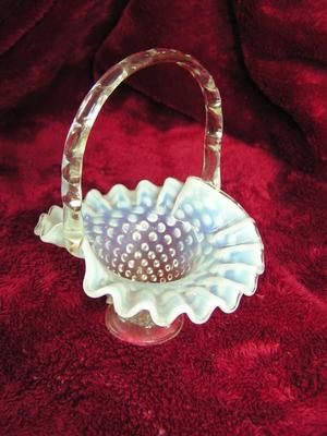 Vintage hobnail semi-milk glass basket, 6", Fenton?